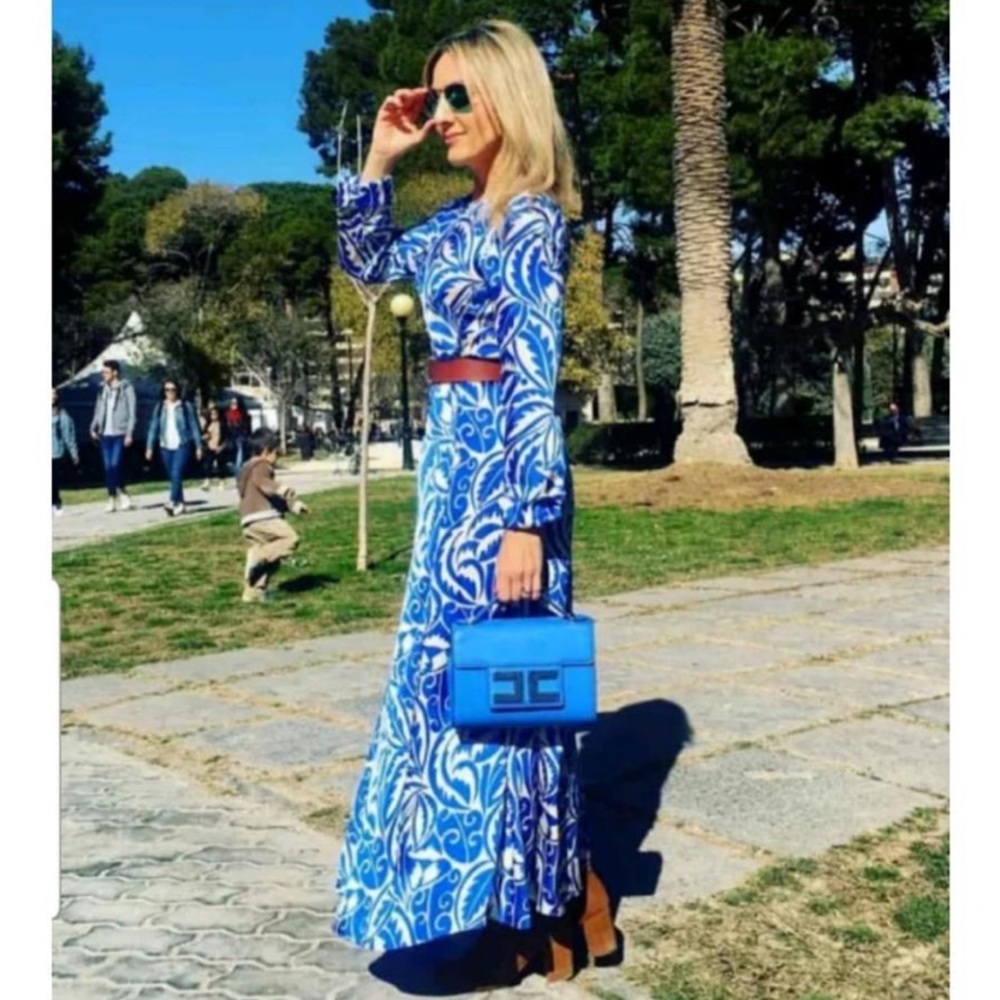 Zara Satin Blue Tan Long Sleeve Midi Dress Size XS - Picture 6 of 13